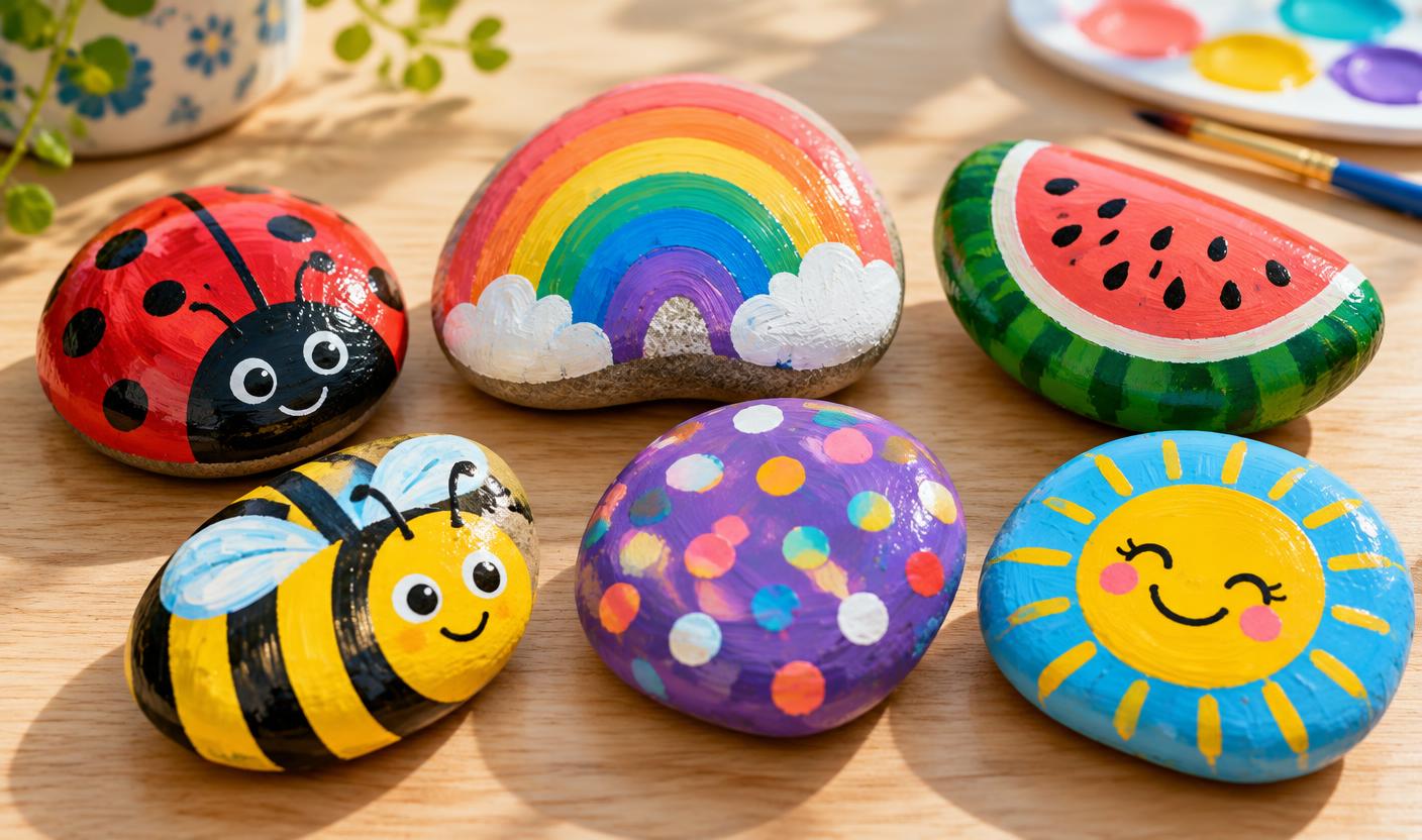 A colorful bunch of hand-painted rocks: a ladybug, a rainbow, a watermelon, a bee, polka dots, and a smiling sun